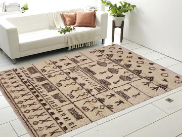 handmade Modern Moroccan Ivory Brown Hand Knotted RECTANGLE 100% WOOL area rug 6x9